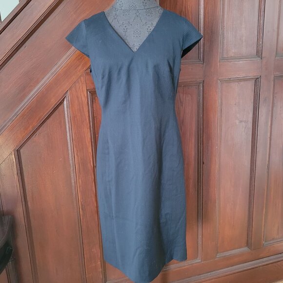 Talbots Womens Pinstripe Sheath Dress Size 6 Navy Wool Blend V-Neck Cap Sleeves - Picture 1 of 6